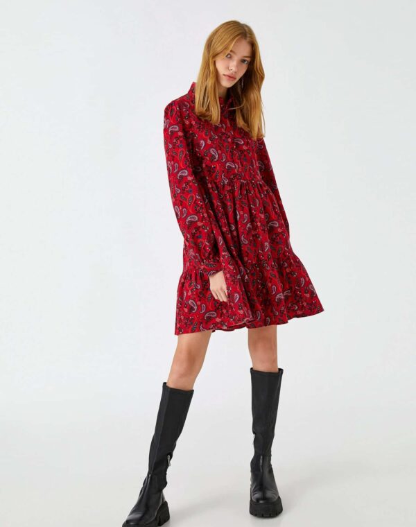 Floral Winter Dress Long Sleeve Ruffle Buttoned - Görsel 2