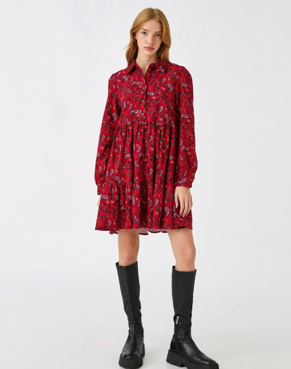 Floral Winter Dress Long Sleeve Ruffle Buttoned - Görsel 3