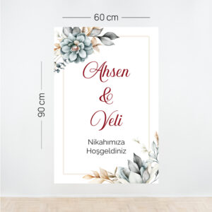 Kişiye Özel Nikah Karşılama Panosu Dikey – Ahşap & Çiçek Temalı