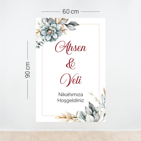 Kişiye Özel Nikah Karşılama Panosu Dikey – Ahşap & Çiçek Temalı