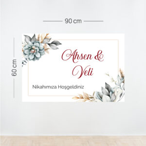 Kişiye Özel Nikah Karşılama Panosu Yatay – Ahşap & Çiçek Temalı