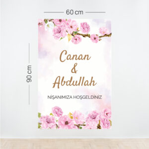 Pembe Çiçekli Nişan Karşılama Afişi Dikey – Kişiye Özel Tasarım