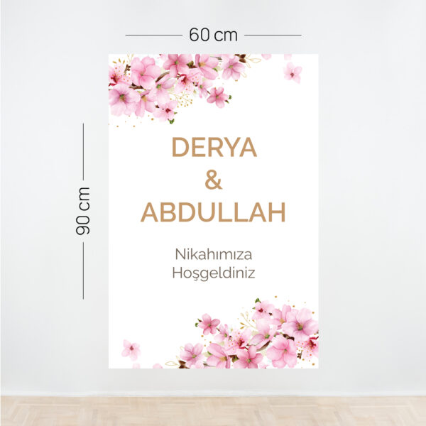 Pembe Çiçekli Nikah Karşılama Afişi Dikey – Kişiye Özel Tasarım