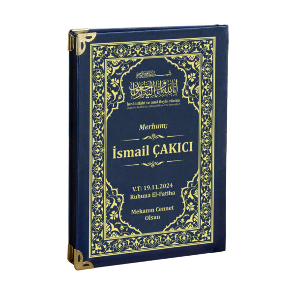 Özel Lacivert Suni Deri Ciltli İsim Baskılı Hediyelik Yasin Cüzü Kitabı Mevlit Paketi