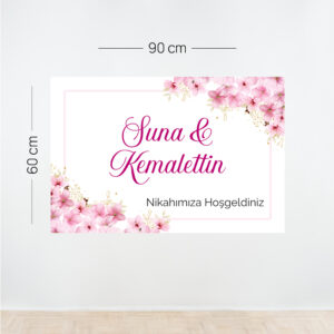 Pembe Çiçekli Nikah Afişi – Kişiye Özel Yatay Tasarım