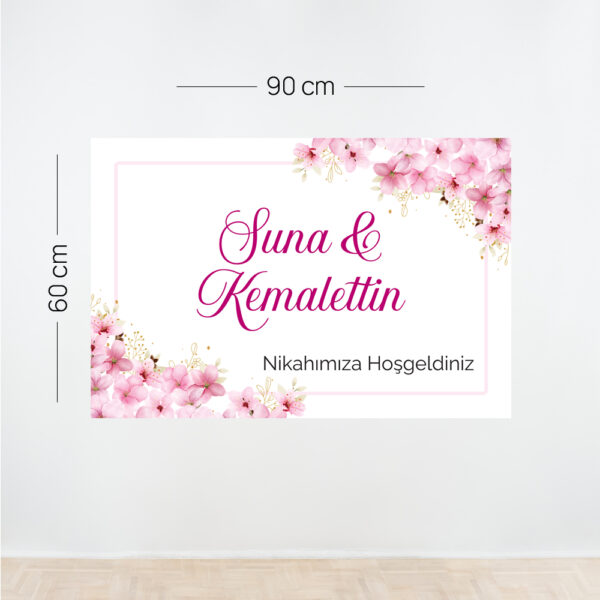 Pembe Çiçekli Nikah Afişi – Kişiye Özel Yatay Tasarım