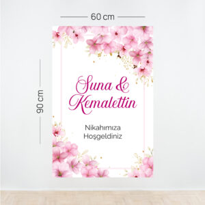Pembe Çiçekli Nikah Afişi – Kişiye Özel Dikey Tasarım