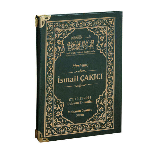 Özel Yeşil Suni Deri Ciltli İsim Baskılı Hediyelik Yasin Cüzü Kitabı Mevlit Paketi