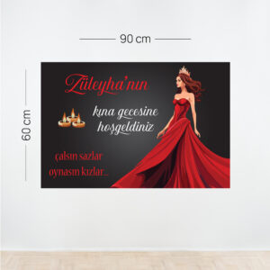 Kırmızı Elbiseli Modern Kına Afişi – Kişiye Özel Yatay Tasarım